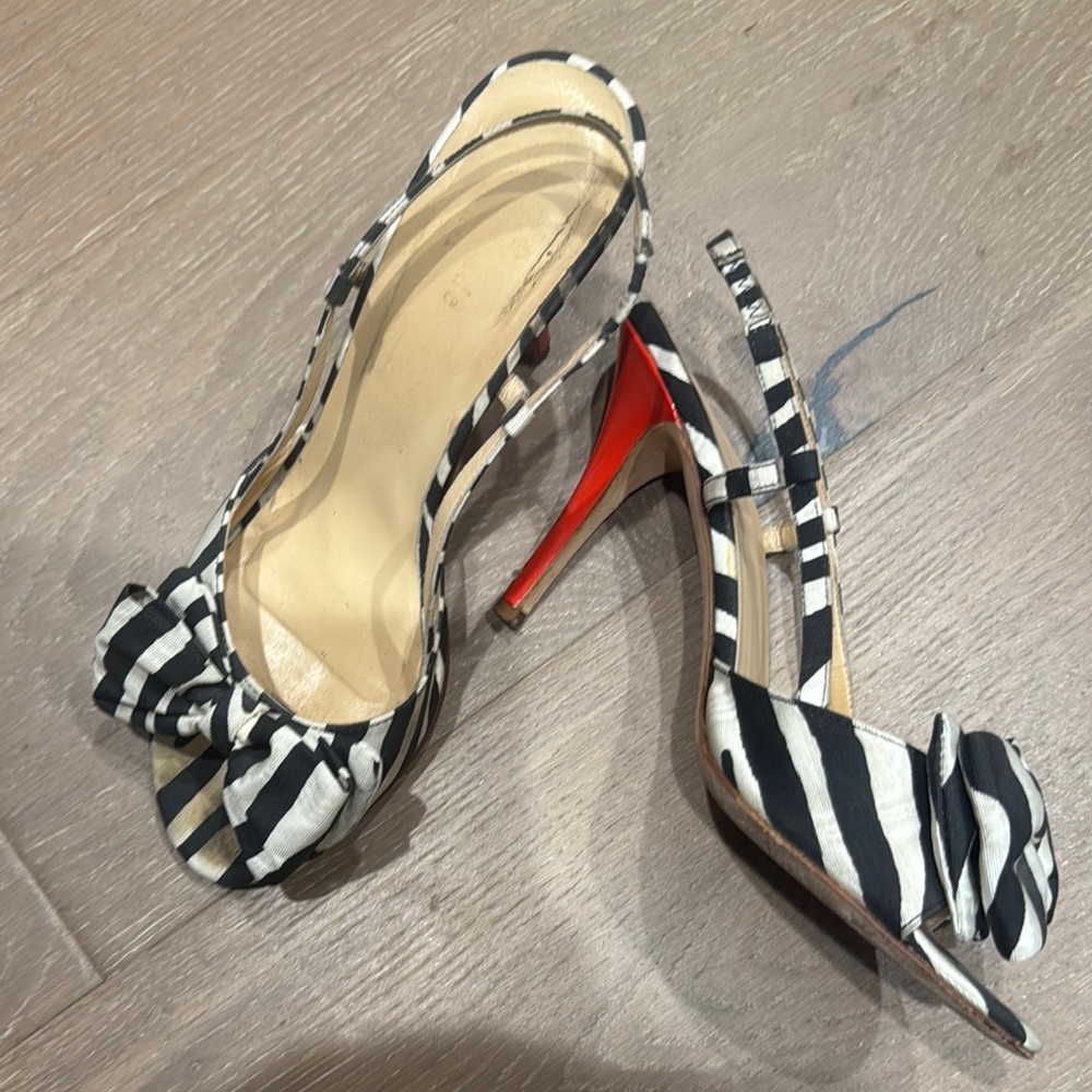 Kate Spade Black and White Striped Heels with Red Sole